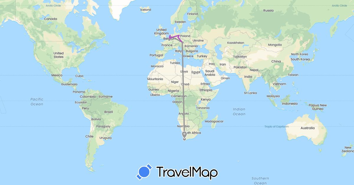 TravelMap itinerary: driving, plane, train in Austria, Belgium, Germany, Netherlands, Slovakia, South Africa (Africa, Europe)